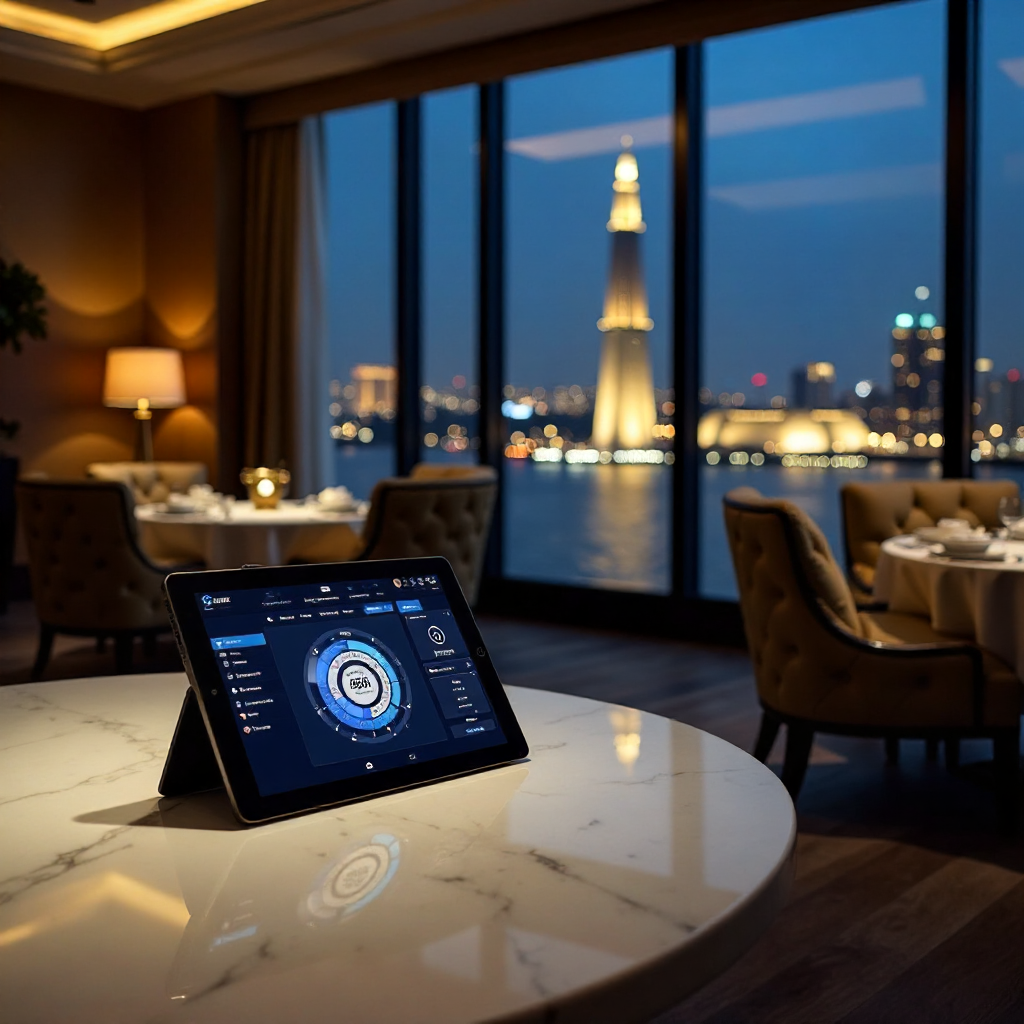 Interior of a premium luxury lounge in a Cairo skyscraper, panoramic window view of the Nile River and Cairo Tower at night, atmosphere of extreme wealth, a tablet on a marble table showing 888starz dashboard, warm ambient lighting, hyper-realistic.